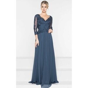 Marsoni By Colors Peacock Blue Lace Appliqué Evening Gown Size 4 Formal M237